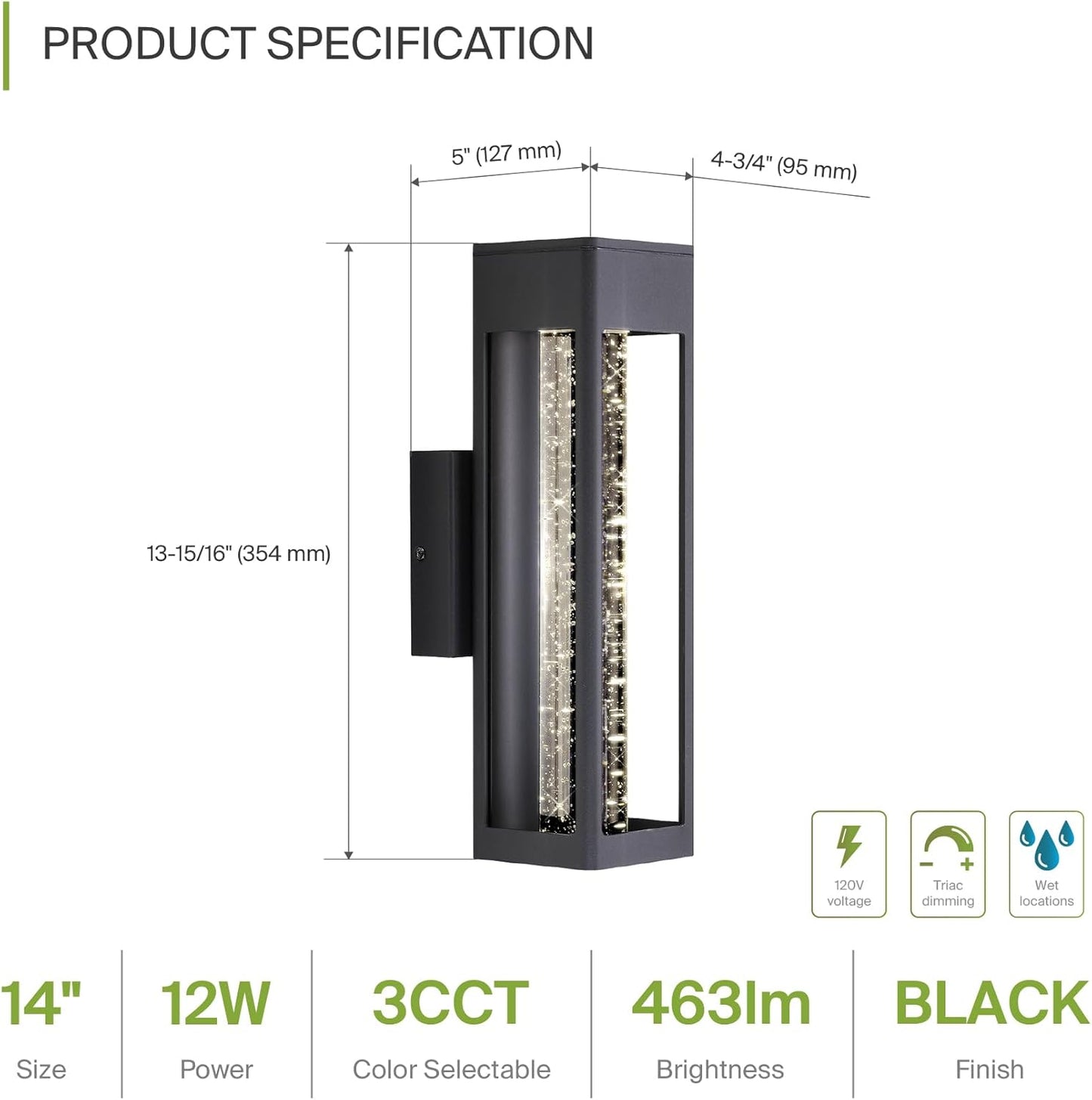 ASD Lighting LED Outdoor Wall Sconce 14" 12W CCT Selectable 3000/4000/5000K Dimmable Clear Seeded Glass, Black ETL