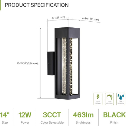 ASD Lighting LED Outdoor Wall Sconce 14" 12W CCT Selectable 3000/4000/5000K Dimmable Clear Seeded Glass, Black ETL