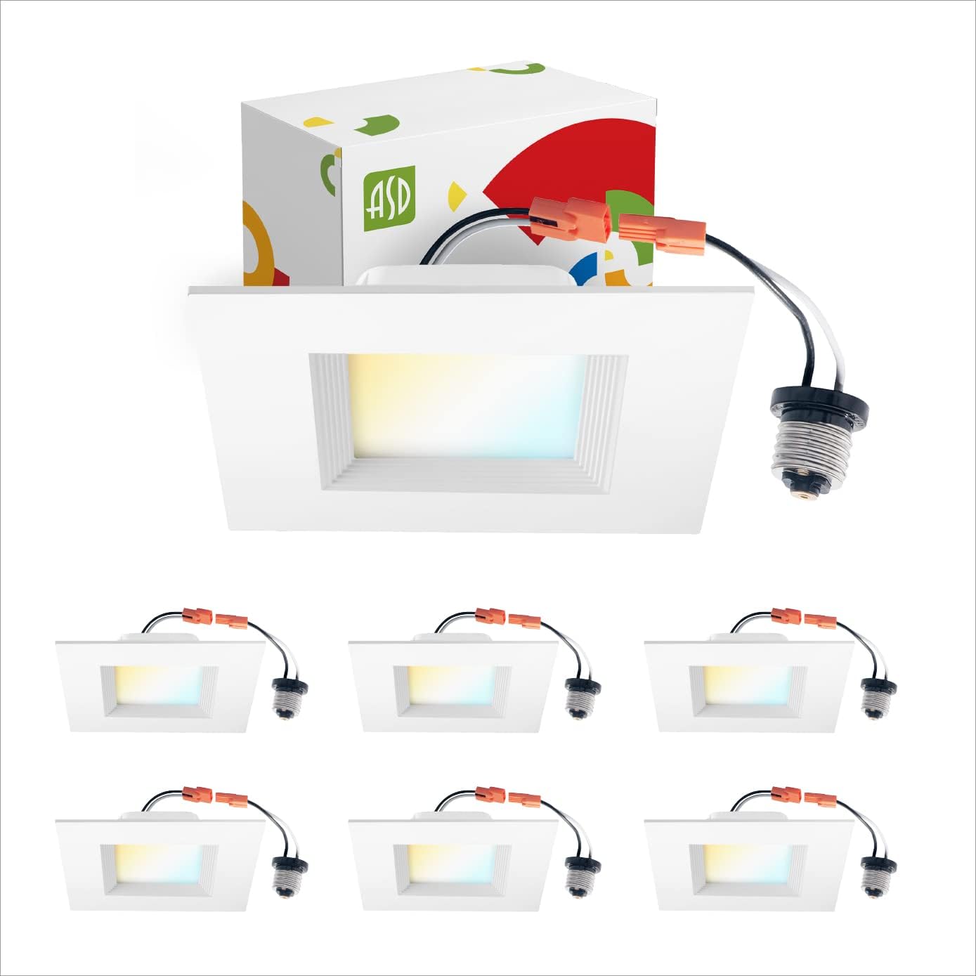 ASD Lighting LED Square Downlight Retrofit Kit 6" 12W 120V CCT Selectable 2700/3000/3500/4000/5000K Dimmable PC, Baffle Trim, White UL 6pack