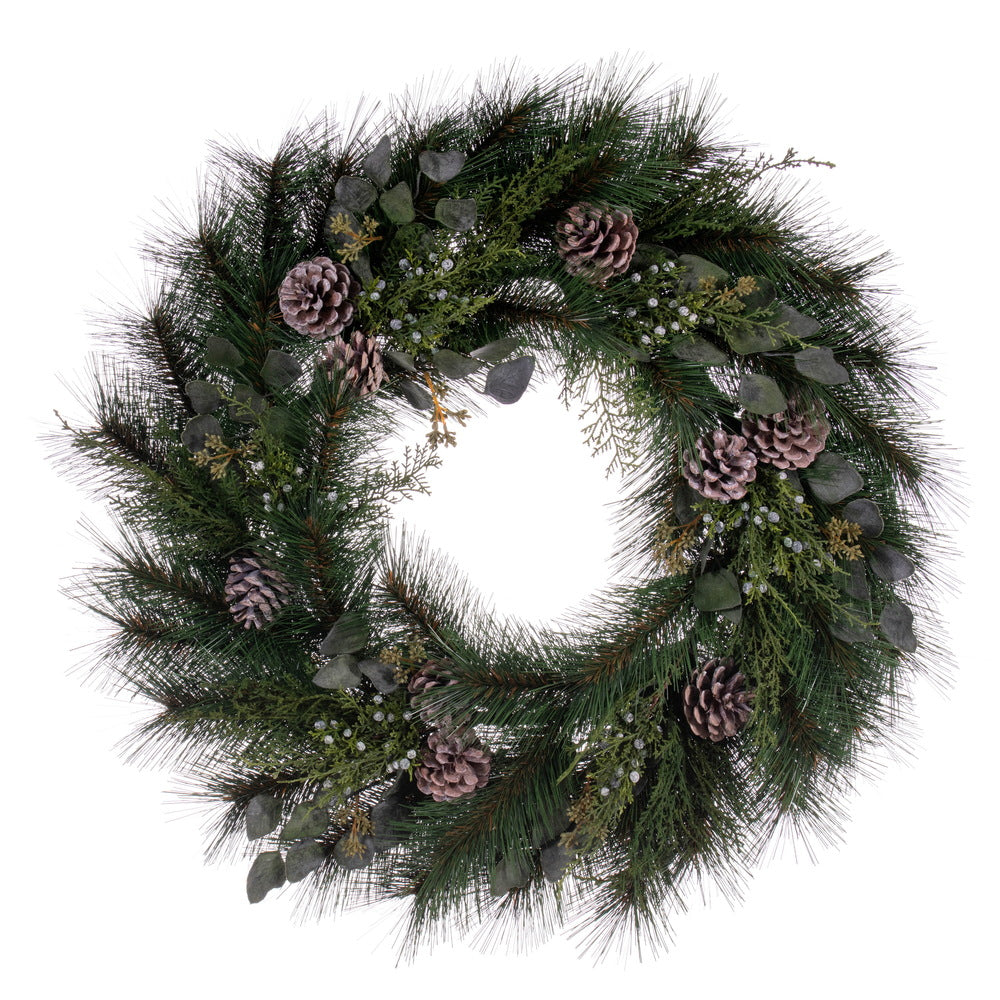Vickerman 30" Artificial Long Leaf Pine with Seeded Cedar Eucalyptus Foliage and Pinecones Wreath