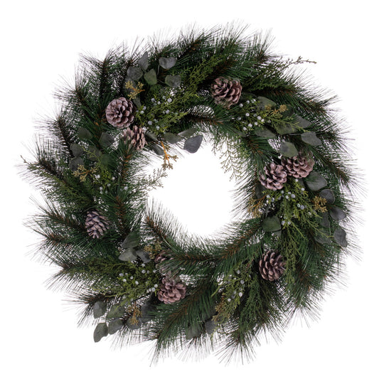 Vickerman 30" Artificial Long Leaf Pine with Seeded Cedar Eucalyptus Foliage and Pinecones Wreath