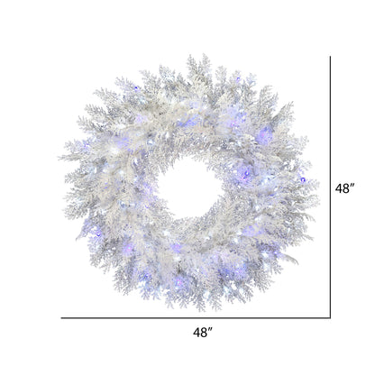 Vickerman 48" Flocked Cedar Pine Artificial Christmas Wreath Pure White and Blue Low Voltage LED Wide Angle Twinkle Lights.