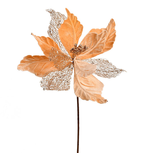 Vickerman 12" x 20" Rose Gold Velvet Poinsettia Mesh Artificial Christmas Spray. Includes 6 sprays per pack.
