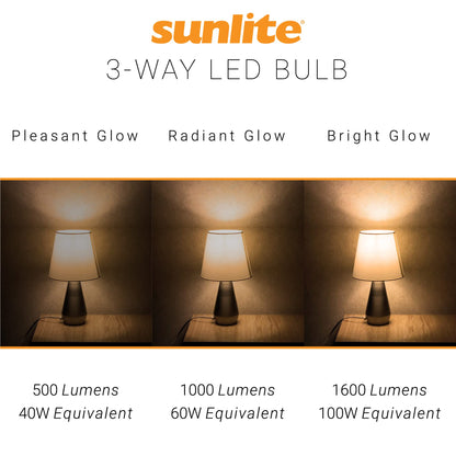 Sunlite 70323 3-Way LED A19 Light Bulb, 5/9/15 Watts (40W 60W 100W Equivalent), 500-1000-1600 Lumens, Medium E26 Base, Omni-Directional, ETL Listed, Frost, 3000K Warm White, 6 Count