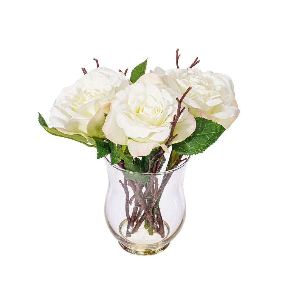 Vickerman 10" Artificial White Rose In Glass Vase.