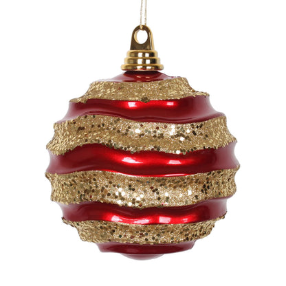 Vickerman 8' Red and Gold Stripe Candy Finish Wave Ball Christmas Ornament with Glitter Accents