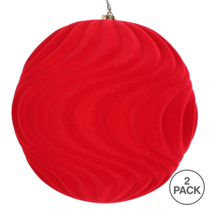 Vickerman 6" Red Flocked Wave Ball Ornament 2 per Bag
