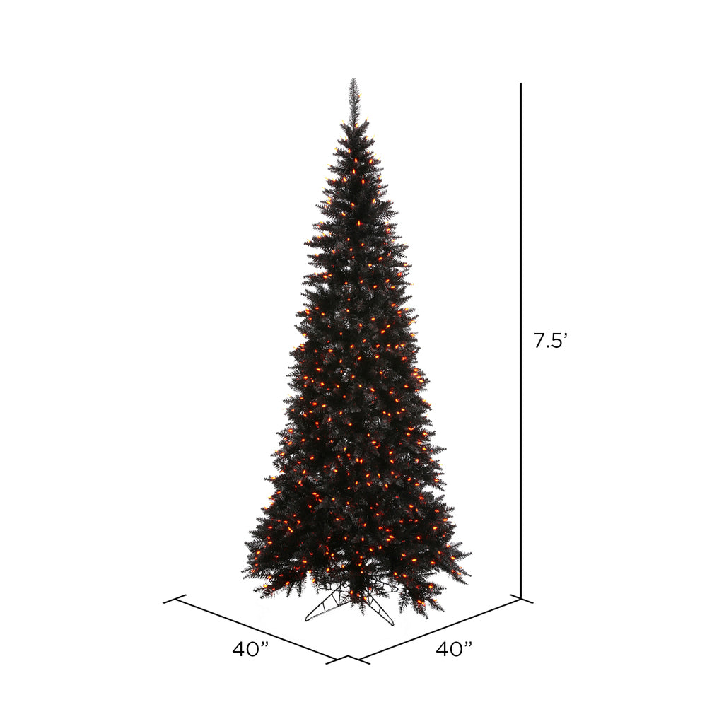 Vickerman 7.5' Black Fir Slim Artificial Christmas Tree Orange  Dura-lit LED Lights