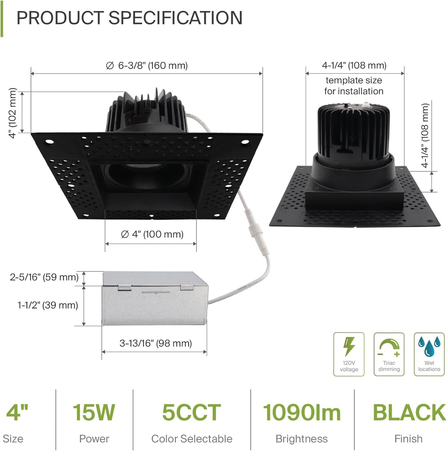 ASD Lighting LED Trimless Downlight Square 4inch 15W 120V Triac 2700/3000/3500/4000/5000K Black ETL Energy Star