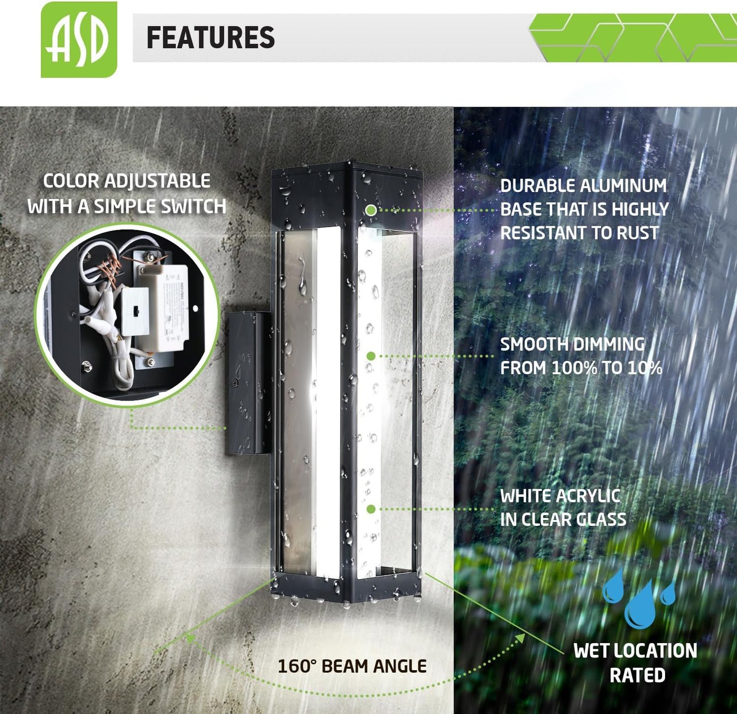 ASD Lighting LED Outdoor Wall Sconce 14" 12W CCT Selectable 3000/4000/5000K Dimmable White Acrylic Glass, Black ETL