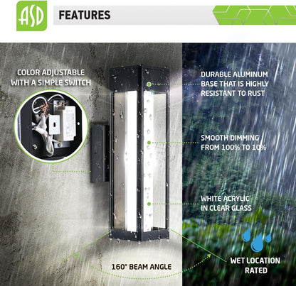 ASD Lighting LED Outdoor Wall Sconce 14" 12W CCT Selectable 3000/4000/5000K Dimmable White Acrylic Glass, Black ETL