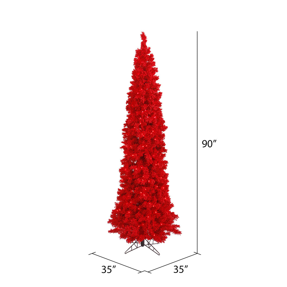 Vickerman 7.5' Flocked Red Pencil Fir Artificial Christmas Tree Red Dura-lit LED Lights