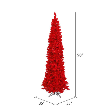 Vickerman 7.5' Flocked Red Pencil Fir Artificial Christmas Tree Red Dura-lit LED Lights