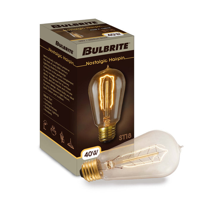 Bulbrite Pack of (4) 40 Watt Dimmable Antique ST18 Nostalgic Hairpin Incandescent Light Bulbs with Medium (E26) Base, 2200K Amber Light