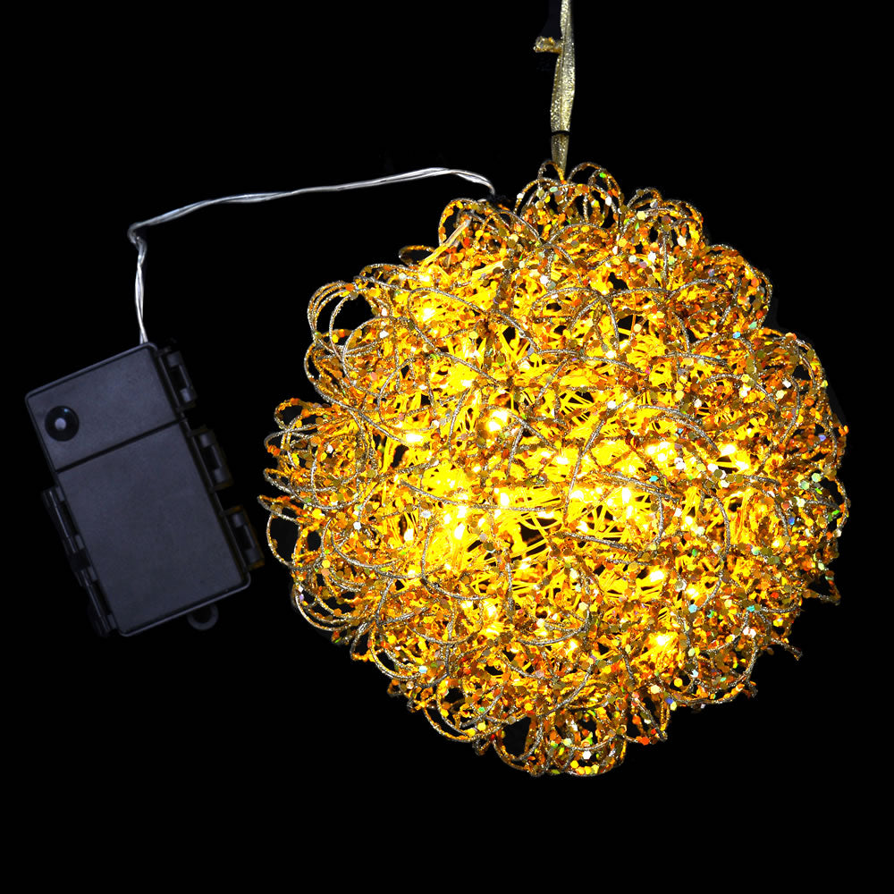 Vickerman Battery Operated 8" Gold Vine Glitter Christmas Ball with 35 Micro Warm White Lights