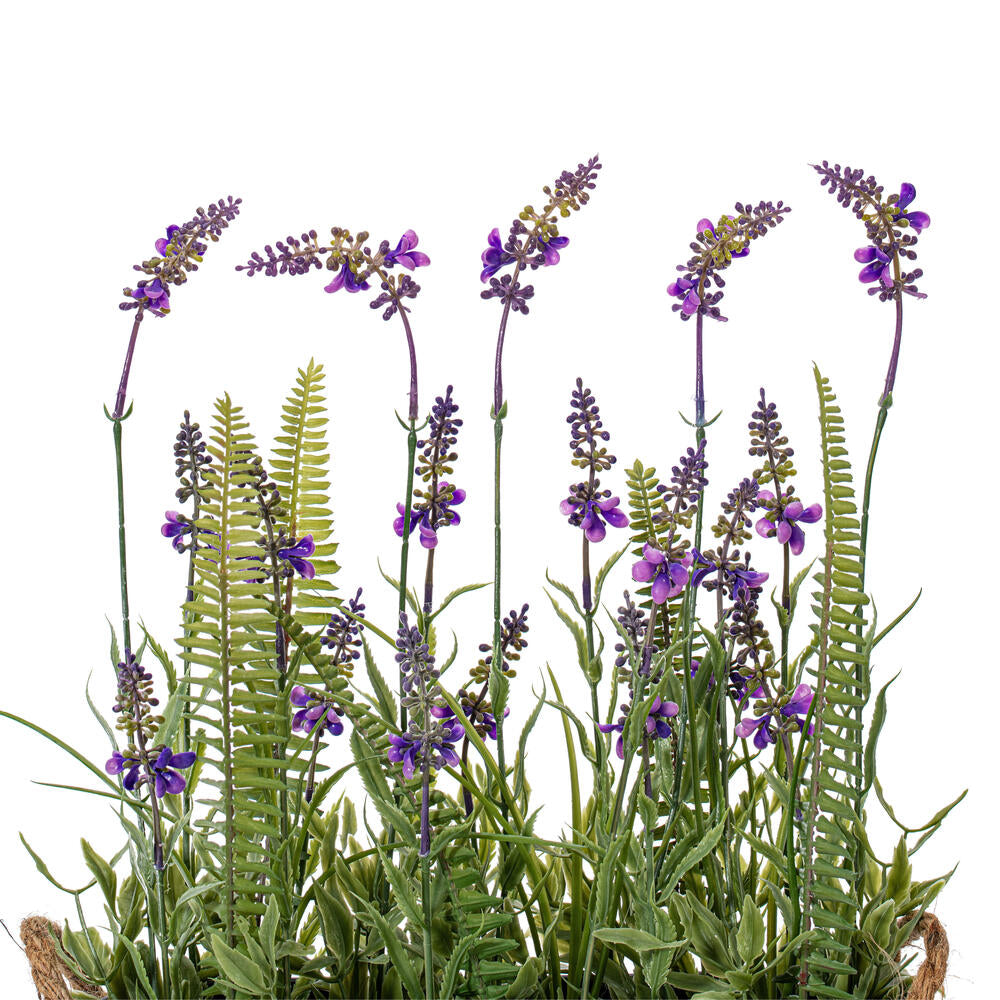 Vickerman 16" Artificial Lavender Flower Fern in Iron Pot.