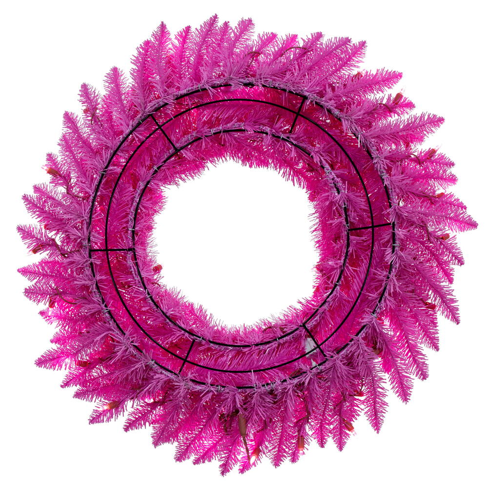 Vickerman 30" Hot Pink Artificial Pre-Lit Wreath with 100 Pink LED Mini Lights and 210 Realistic PVC Tips.