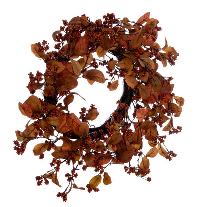 Vickerman Artificial 22" Orange Fall Leaves and Berries Wreath Circular grapevine base.