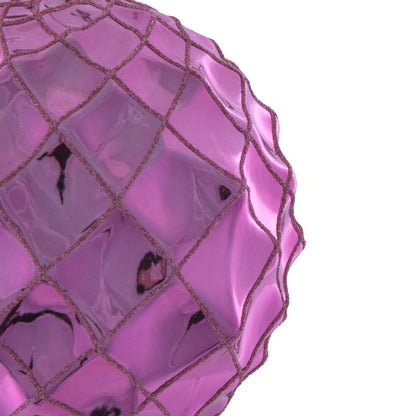 Vickerman 6" Mauve Shiny Form Ball Drilled Wired 4/Bag. Add texture and shimmer to your holiday decorating projects with this geometric shaped ball. It features glitter accents along the edges of the geometric pattern. This ornament contains a drilled cap