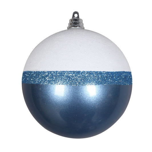 Vickerman 3" Periwinkle Candy/White Glitter Ball 6/Bg. This ornament features a white glitter top a stripe of blue glitter and a candy finish bottom. Includes 6 pieces per bag. Made of shatterproof plastic.