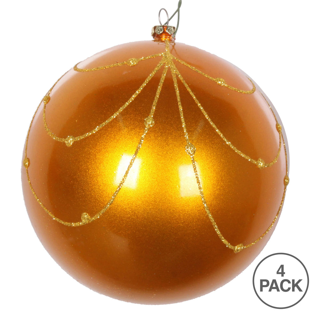 Vickerman 4.75" Antique Gold Candy Finish Curtain Ornament with Glitter Accents 4 per Bag