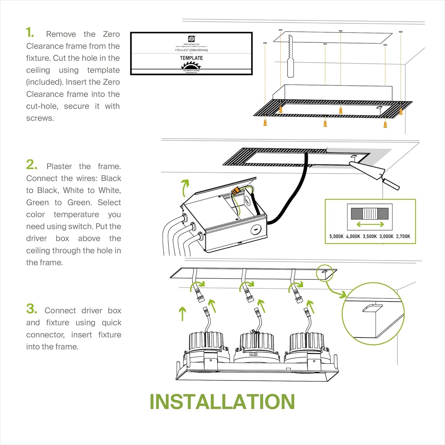 ASD Lighting LED Trimless Combo Downlight 3 heads 3.5inch 45W 120V Triac 2700/3000/3500/4000/5000K White ETL