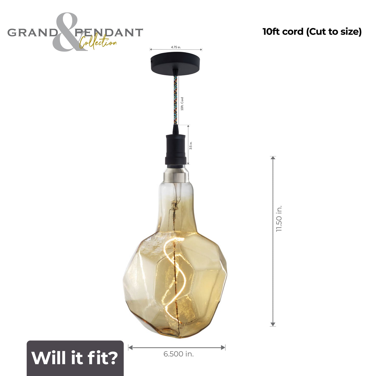 Bulbrite LED Grand Bulb and Pendant Kit of (1) 4 Watt Antique Glass 12" Jewel Shaped Bulb and (1) Black Open Socket Pendant on Multicolor Fabric Braided Cord - 2000K (Amber Light)