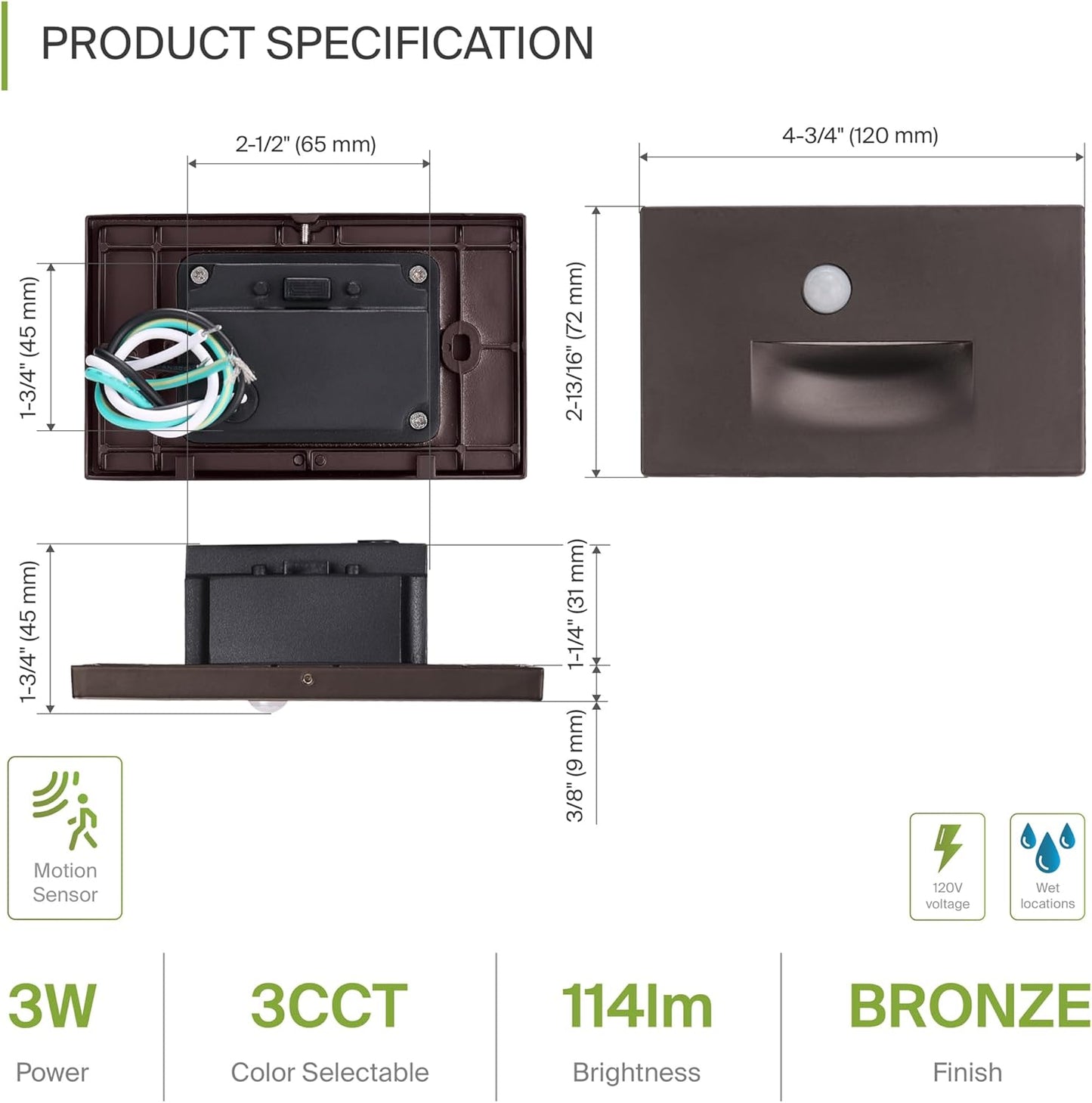 ASD Lighting LED Step Light Horizontal 3W 120V CCT Selectable 3000/4000/5000K with Motion Sensor Oil Rubbed Bronze ETL