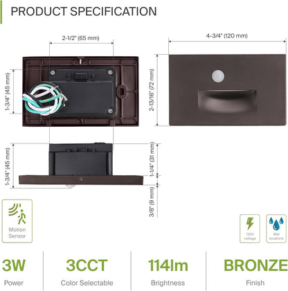 ASD Lighting LED Step Light Horizontal 3W 120V CCT Selectable 3000/4000/5000K with Motion Sensor Oil Rubbed Bronze ETL