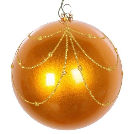 Vickerman 4" Antique Gold Candy Finish Curtain Ornament with Glitter Accents 4 per Bag