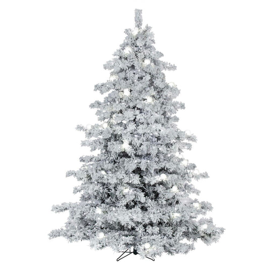 Vickerman 12' x 92" Flocked Alaskan Artificial Pre-Lit Christmas Tree with 126 Pure White G40 and 1800 Pure White LED Mini Lights, 4599 Flocked Realistic PVC Tips, 6' Step On/Off Power Cord and Folding Metal Tree Stand. Assembly is required.