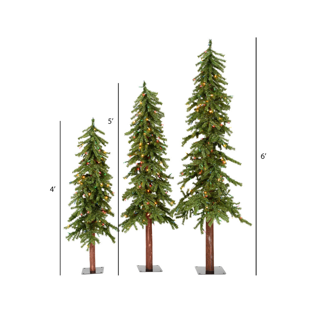 Vickerman 4' 5' 6' Natural Alpine Artificial Christmas Tree Set Multi-Colored Incandescent Lights