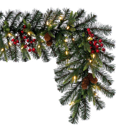Vickerman 6' x 14" Berry Mixed Pine Cone Artificial Pre-Lit Garland Warm White LED Lights.