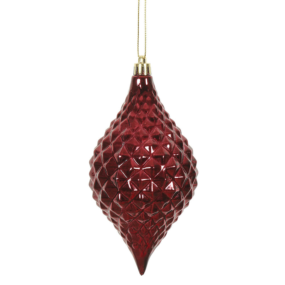 6" x 3" Wine Shiny Diamond Drop Ornament with drilled and wired caps. Comes 4 per Bag.