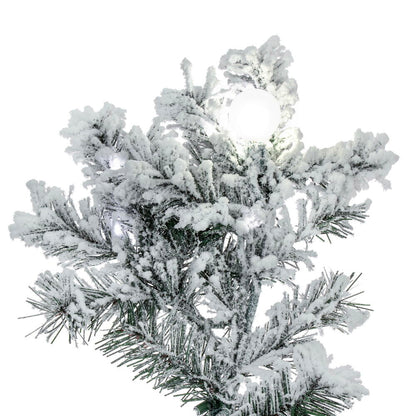 Vickerman 7.5' x 68" Flocked Alaskan Artificial Pre-Lit Christmas Tree with 49 Pure White G40 and 800 Pure White LED Mini Lights, 1505 Flocked Realistic PVC Tips, 6' Step On/Off Power Cord and Folding Metal Tree Stand. Assembly is required.