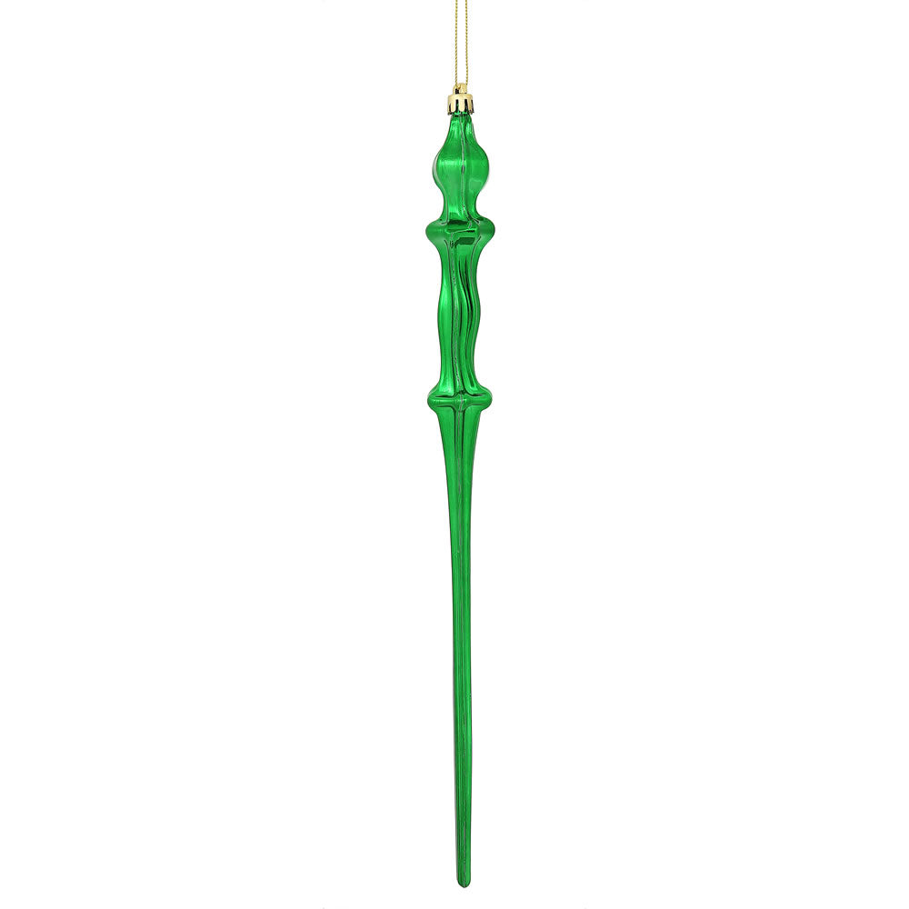 Vickerman 15.7" Green Shiny Icicle Ornament with drilled and wired caps. Comes 3 per Box.