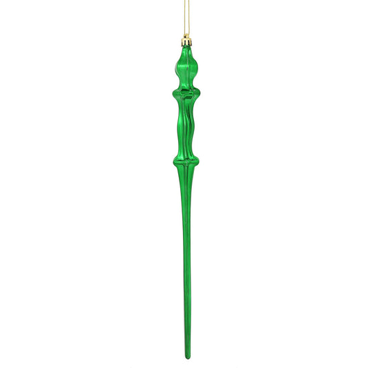 Vickerman 15.7" Green Shiny Icicle Ornament with drilled and wired caps. Comes 3 per Box.