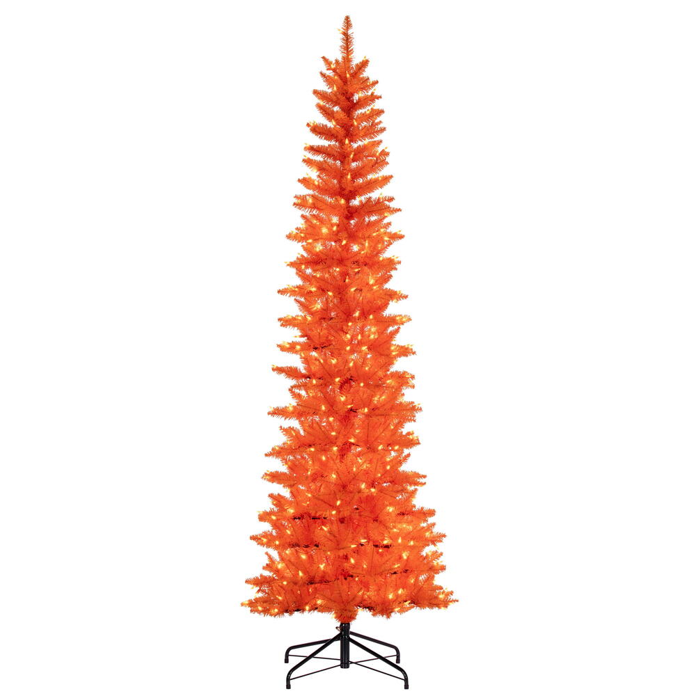 Vickerman 8.5' x 38" Orange Pencil Artificial Pre-Lit Christmas Tree with 600 Dura-Lit® Orange LED Mini Lights. It measures 102 inches tall, and 28 inches wide, which is considered a pencil profile. This tree boasts 1363 tips for a realistic look. Pre-lit