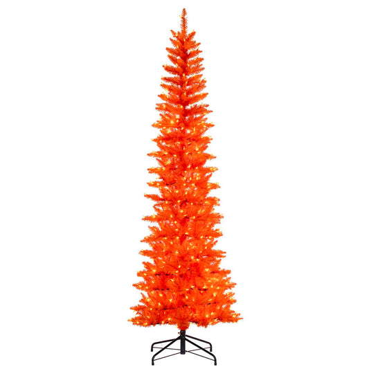 Vickerman 8.5' x 38" Orange Pencil Artificial Pre-Lit Christmas Tree with 600 Dura-Lit® Orange LED Mini Lights. It measures 102 inches tall, and 28 inches wide, which is considered a pencil profile. This tree boasts 1363 tips for a realistic look. Pre-lit