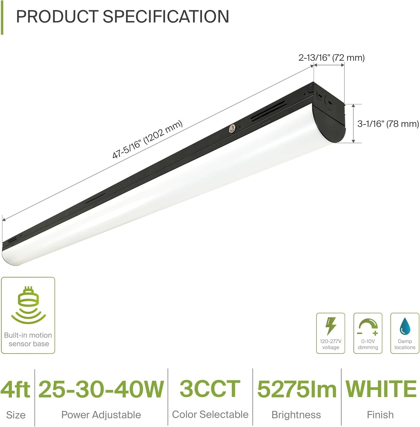 ASD Lighting LED Stairwell Fixture with Q-base 4feet Power Adjustable 25/30/40W 120-277V CCT Selectable 3500/4000/5000K with Battery back-up 10W Dimmable Black UL DLC Premium