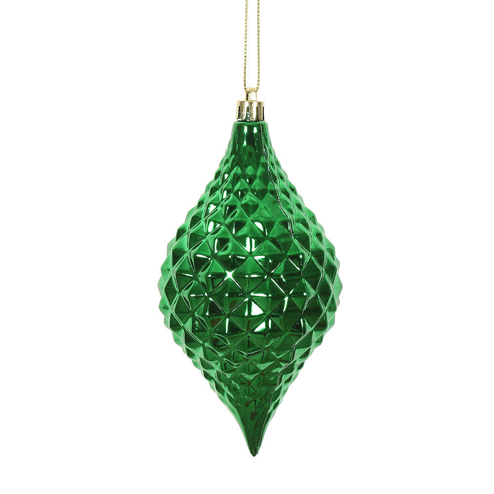 6" x 3" Green Shiny Diamond Drop Ornament with drilled and wired caps. Comes 4 per Bag.