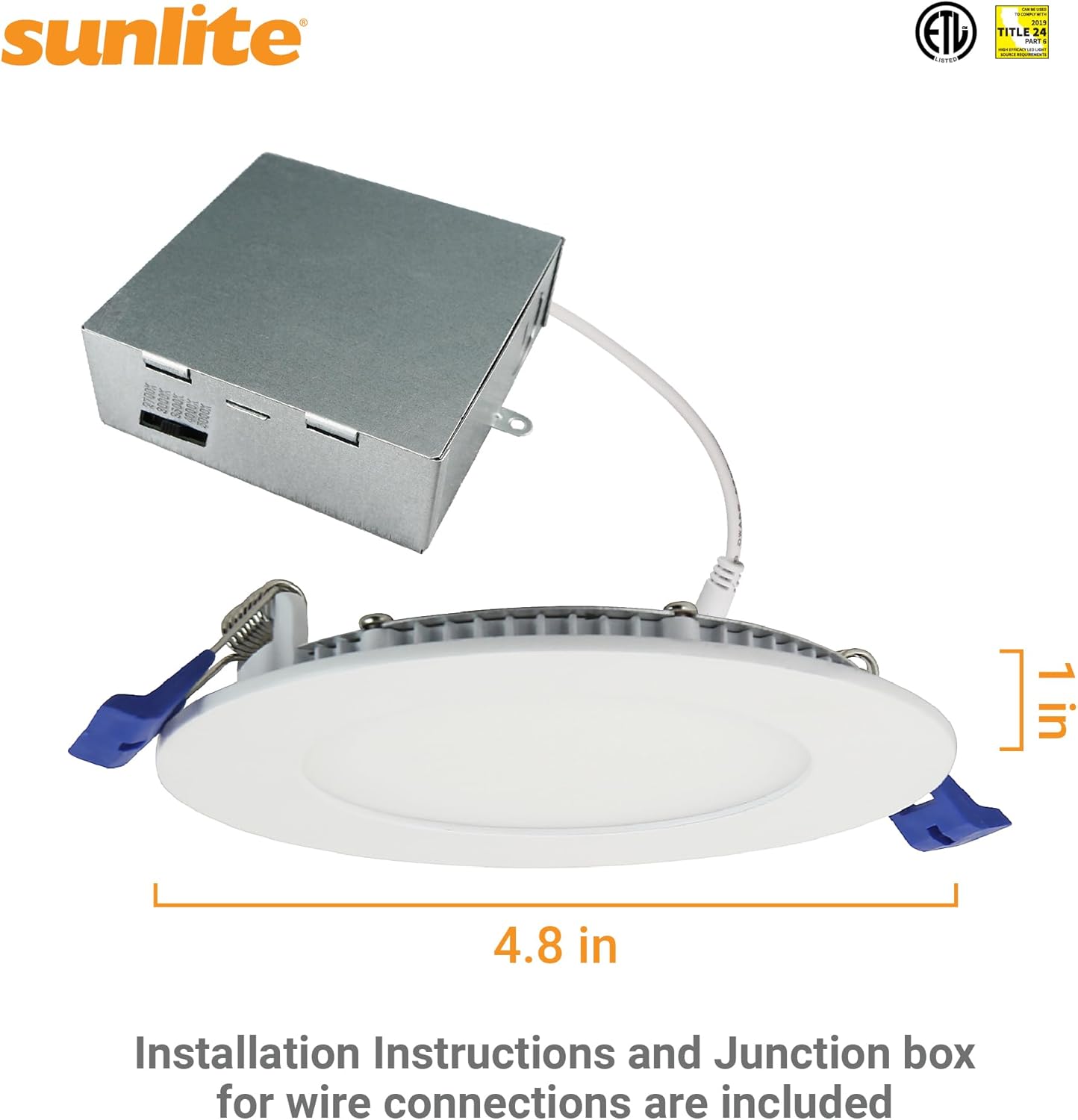 Sunlite 87800 LED 4" Round Recessed Slim Downlight Fixture, 12 Watts, 700 Lmns, CCT Switch 27K/30K/35K/40K/50K, 90 CRI, Dimmable, ETL Listed, Matte White, Title-24 Compliant, 1 Pack