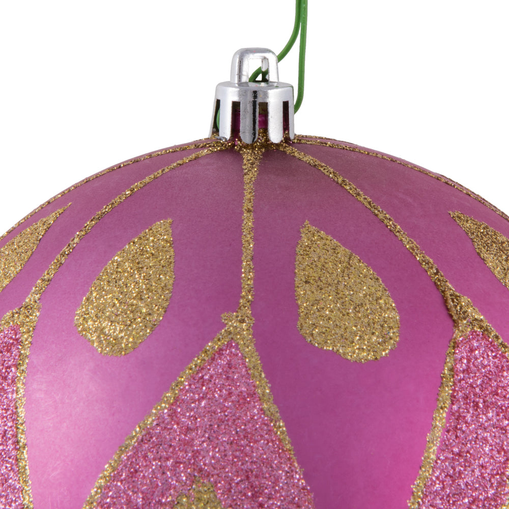 Vickerman 4.75" Mauve Matte Ball with Glitter Diamond Pattern. Add variety and sparkle to your holiday arrangement with this matte ornament that features a glitter pattern. Includes 4 pieces per bag. Made with shatterproof plastic. Ornament has a drilled