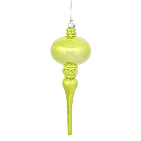 Vickerman 8" x 2.75" Lime Shiny Finial Ornament with drilled and wired caps. Comes 3 per Bag.