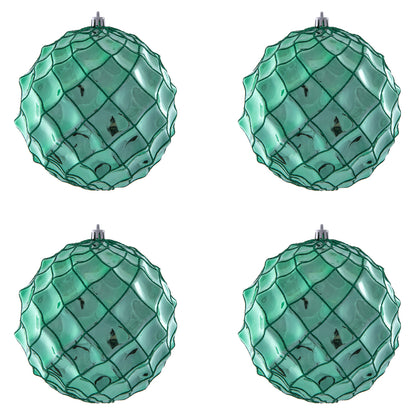 Vickerman 6" Seafoam Green Shiny Form Ball Drilled Wired 4/Bag. Add texture and shimmer to your holiday decorating projects with this geometric shaped ball. It features glitter accents along the edges of the geometric pattern. This ornament contains a dri