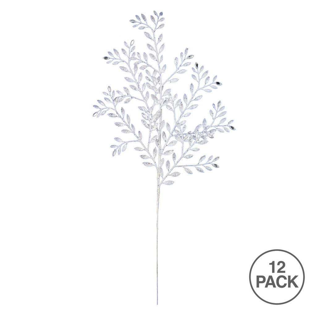 Vickerman 25" Gun Metal Ruscus Glitter Artificial Christmas Spray with Jewel. Includes 12 sprays per pack.