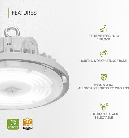 ASD Lighting LED UFO High Bay with Q-base Power Adjustable 100/150/200W 120-277V CCT Selectable 3000/4000/5000K Dimmable White UL DLC Premium