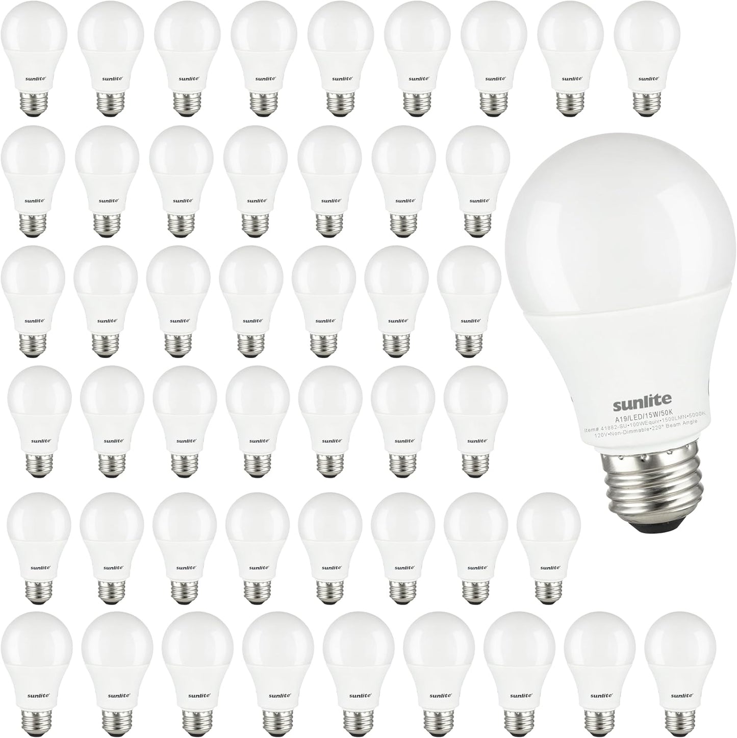 Sunlite LED Household A19 Light Bulb, 15 Watts (100W Equivalent), 1500 Lumens, 120 Volts, Non-Dimmable, Medium E26 Base, RoHS, ETL Listed, 5000K Daylight, 48 Pack