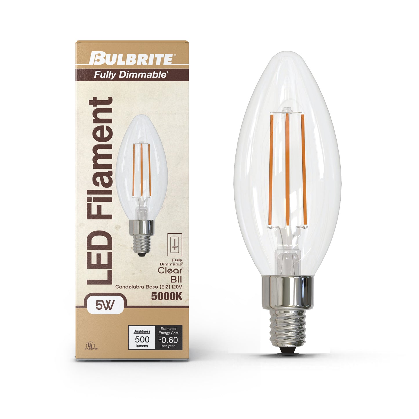 Bulbrite 776964 5W LED B11 5000K FILAMENT E12 FULLY COMPATIBLE DIMMING