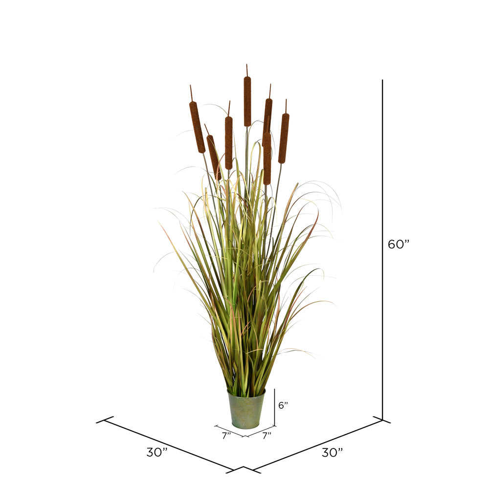Vickerman 60" Artificial Potted Green Grass with Cattails.